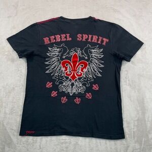 Vintage Y2K Rebel Spirit T Shirt Men XL Black Fleur De Lis Embroidered Applique